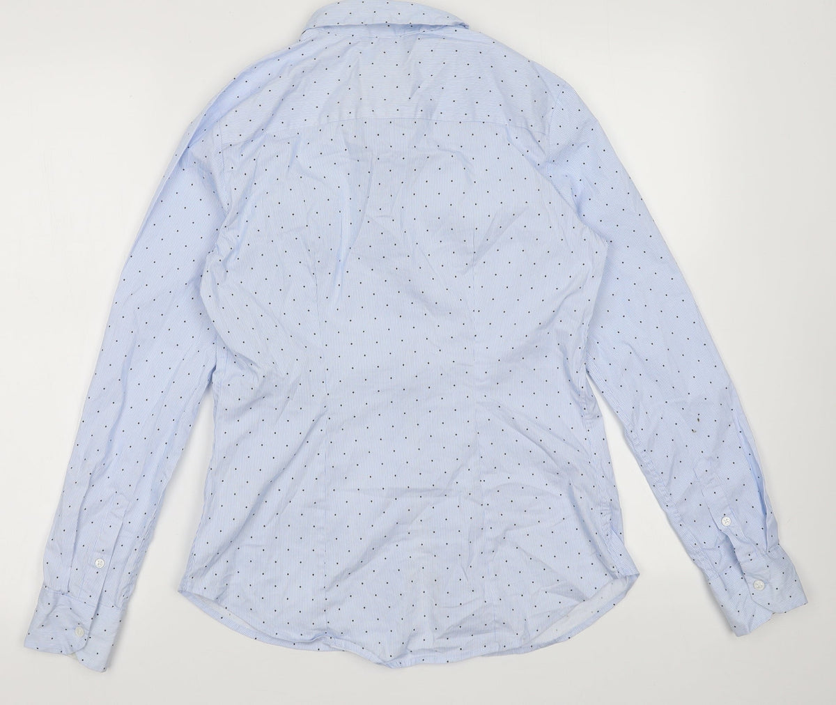 Back view of Blue women’s pink cotton button-up, size UK 8, collared