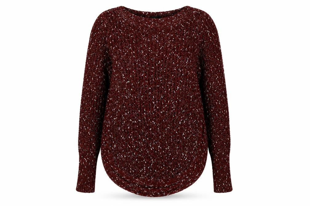 Front view of Isabell London women’s red acrylic pullover sweatshirt, size UK 8, pullover