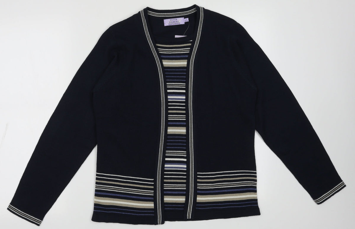 Additional front view of EWM women’s blue striped acrylic pullover sweatshirt, size S, pullover