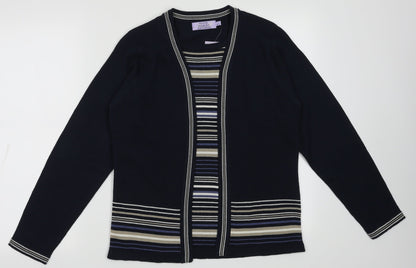 Additional front view of EWM women’s blue striped acrylic pullover sweatshirt, size S, pullover