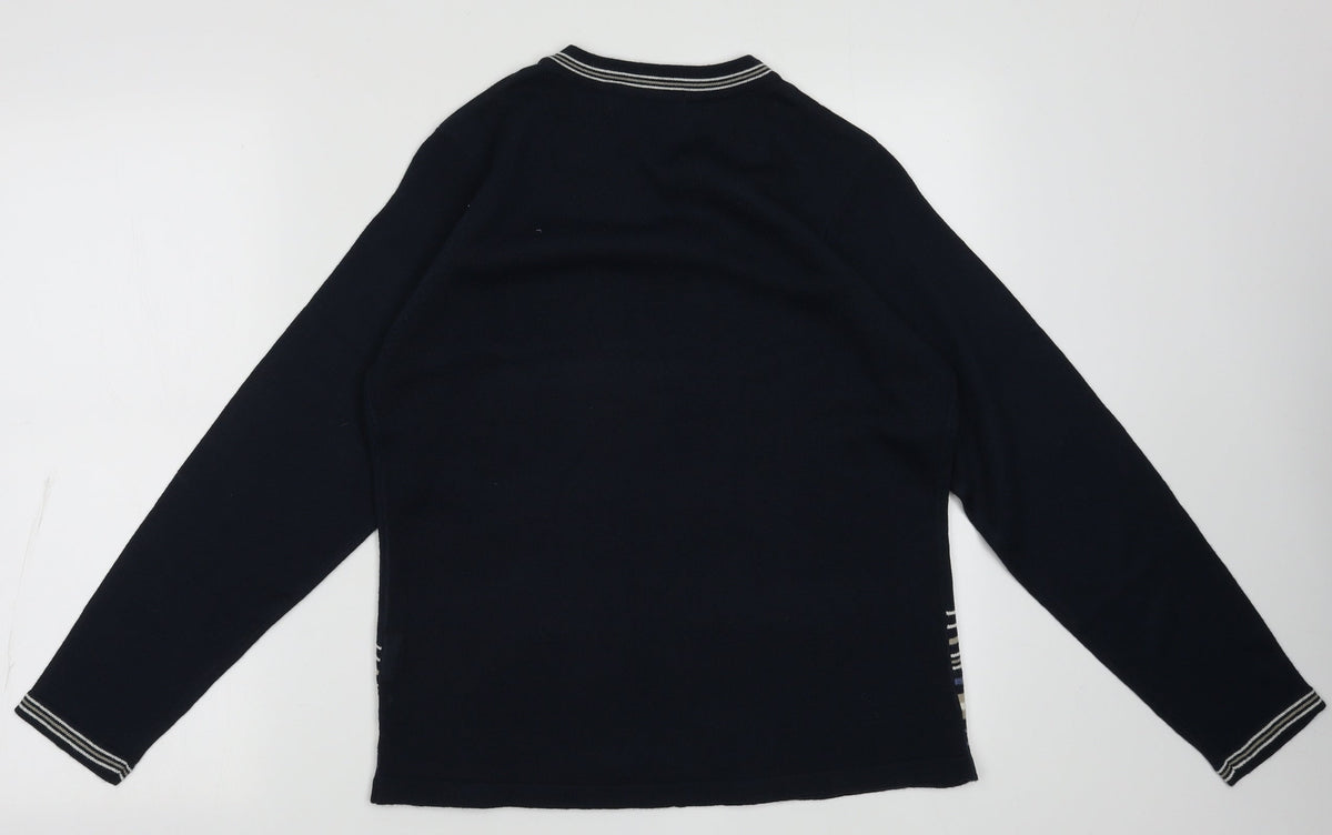 Back view of EWM women’s blue striped acrylic pullover sweatshirt, size S, pullover
