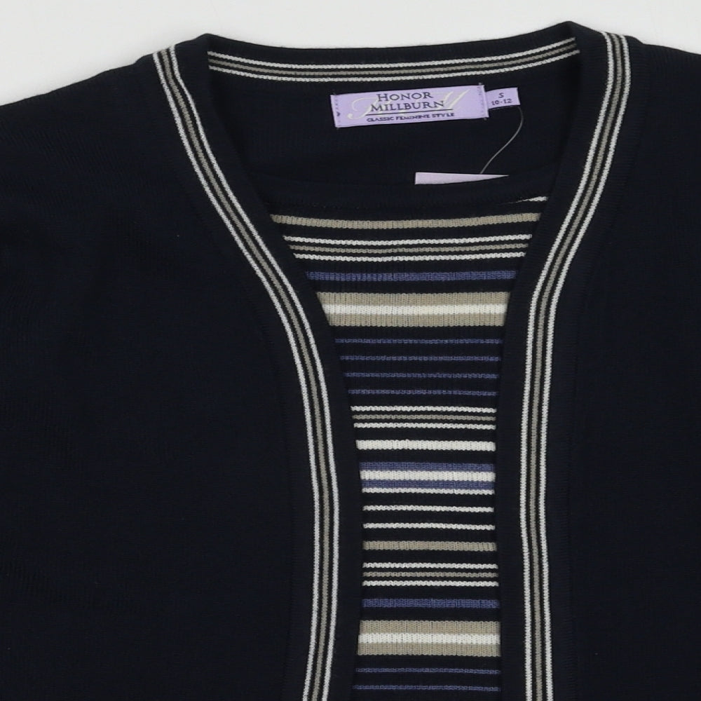 Close-up detail of EWM women’s blue striped acrylic pullover sweatshirt, size S, pullover