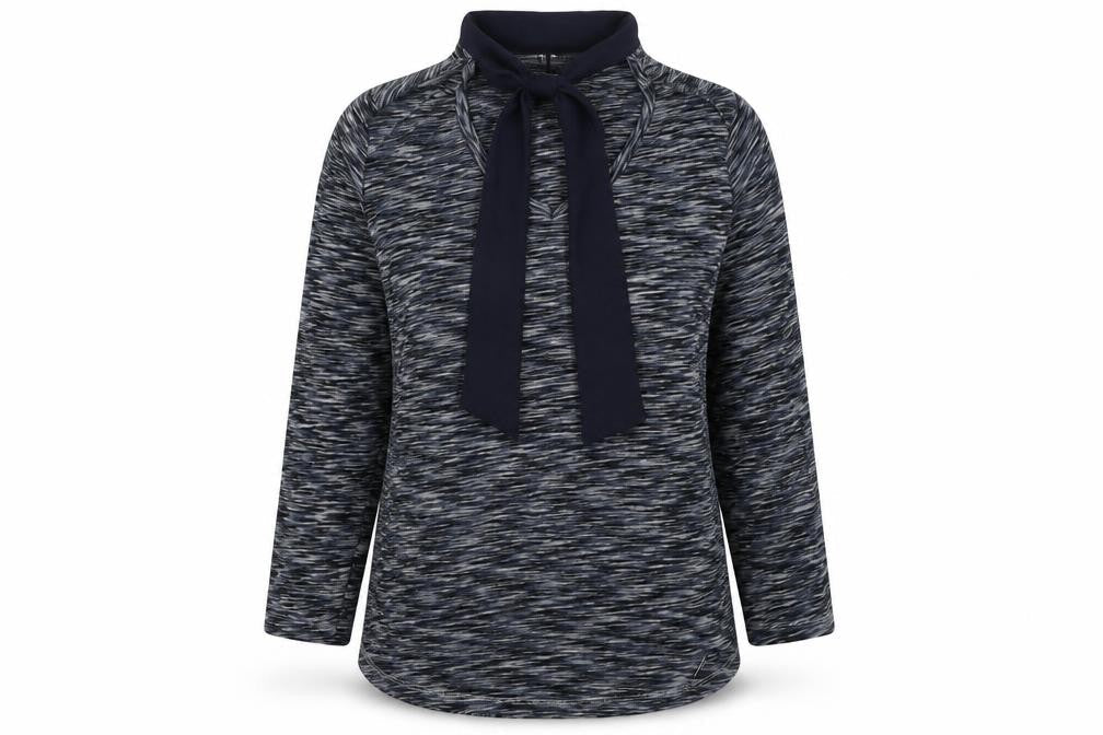 Front view of EWM women’s blue striped coir pullover sweatshirt, size S, tie