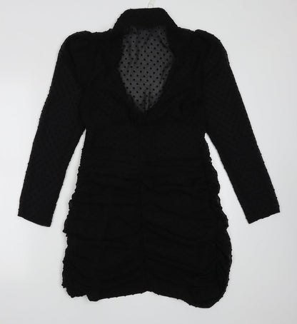 ASOS Womens Black Polka Dot Polyester A-Line  Size 8  V-Neck Button
