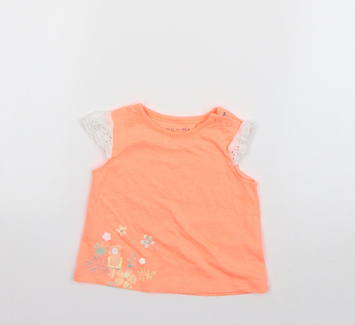 Nutmeg Girls Orange  Cotton Basic T-Shirt Size 3-6 Months Round Neck Pullover - Parrot