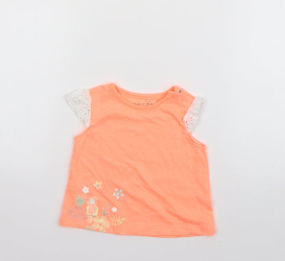 Nutmeg Girls Orange  Cotton Basic T-Shirt Size 3-6 Months Round Neck Pullover - Parrot