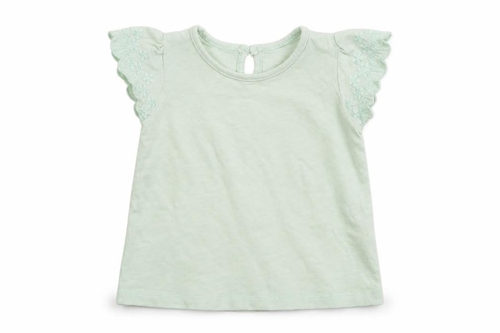Front view of Matalan girls’ green cotton basic t-shirt, size 3-6, months round neck pullover
