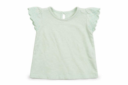 Front view of Matalan girls’ green cotton basic t-shirt, size 3-6, months round neck pullover