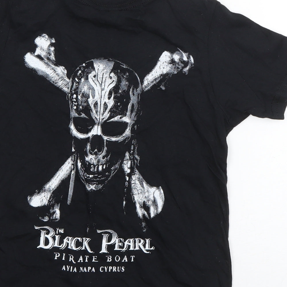 Gildan Girls Black  Cotton Basic T-Shirt Size XS Round Neck Pullover - Black Pearl Pirate Boat
