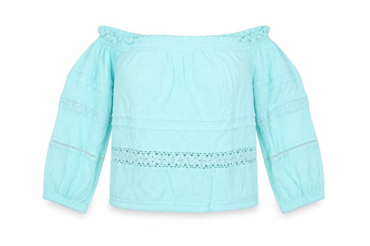 Front view of aeropostale women’s blue viscose basic blouse, size XS, off the shoulder
