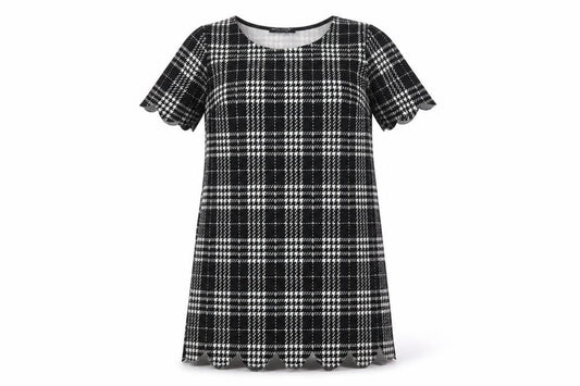 Front view of Select women’s black check polyester shift, size UK 12, crew neck