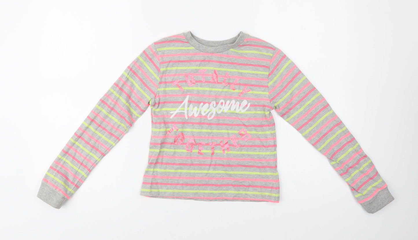 M & Co Girls Grey Striped Cotton Basic Blouse Size 9-10 Years Crew Neck