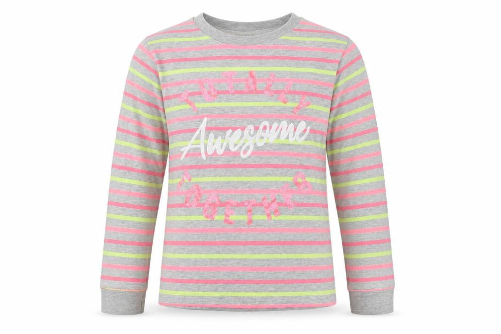 Front view of M&Co girls’ grey striped cotton basic blouse, size 9-10, years crew neck