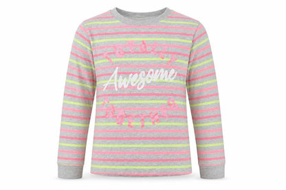 Front view of M&Co girls’ grey striped cotton basic blouse, size 9-10, years crew neck