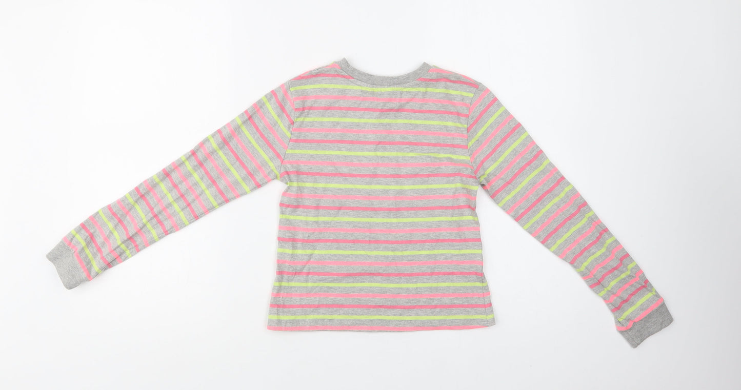 M & Co Girls Grey Striped Cotton Basic Blouse Size 9-10 Years Crew Neck