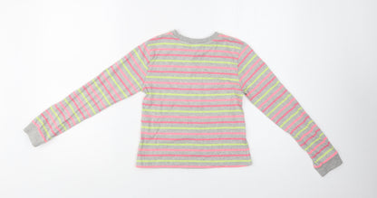 M & Co Girls Grey Striped Cotton Basic Blouse Size 9-10 Years Crew Neck