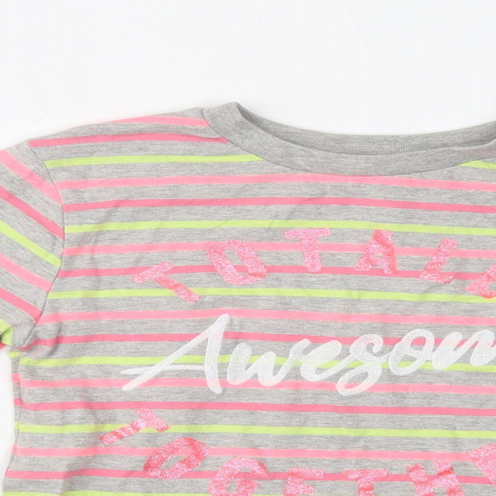 M & Co Girls Grey Striped Cotton Basic Blouse Size 9-10 Years Crew Neck