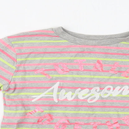 M & Co Girls Grey Striped Cotton Basic Blouse Size 9-10 Years Crew Neck