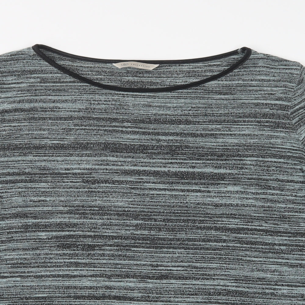 M&S Womens Green Striped Viscose Basic Blouse Size 16 Crew Neck