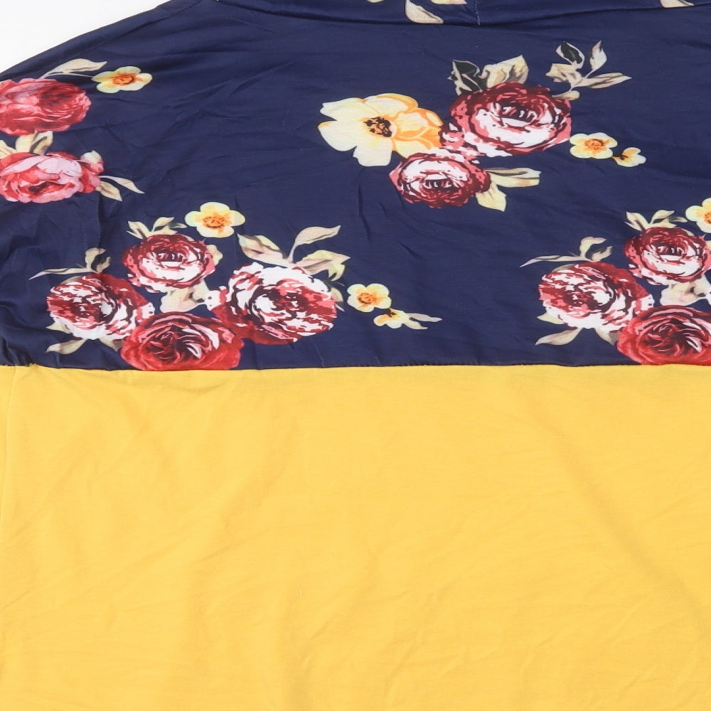 Brand and care label for PatPat women’s yellow floral polyester pullover sweatshirt, size L