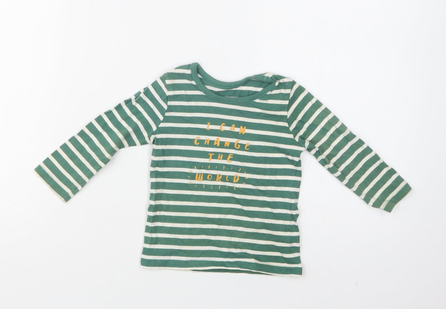 George Baby Green Striped Cotton Basic Blouse Size 9-12 Months Crew Neck