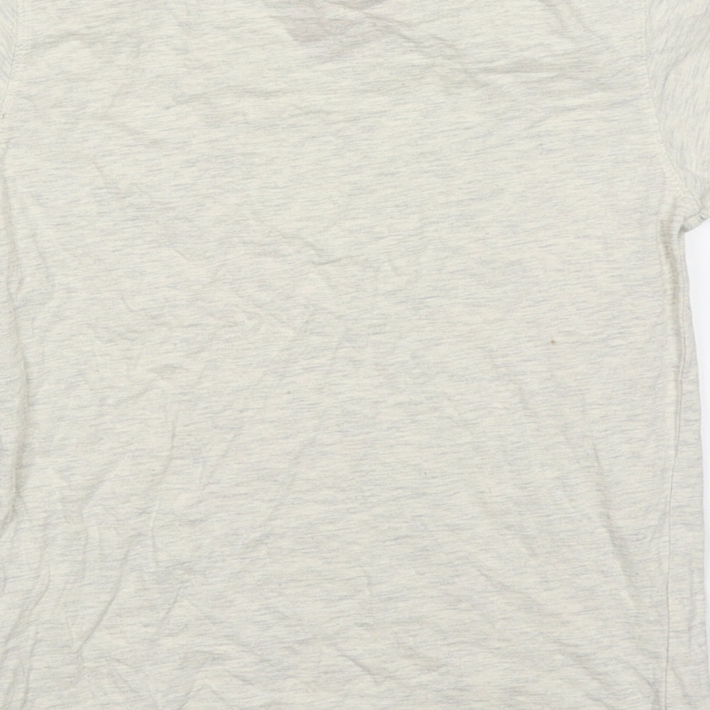 Brand and care label for Tu boys’ beige cotton basic t-shirt, size 8, years crew neck pullover