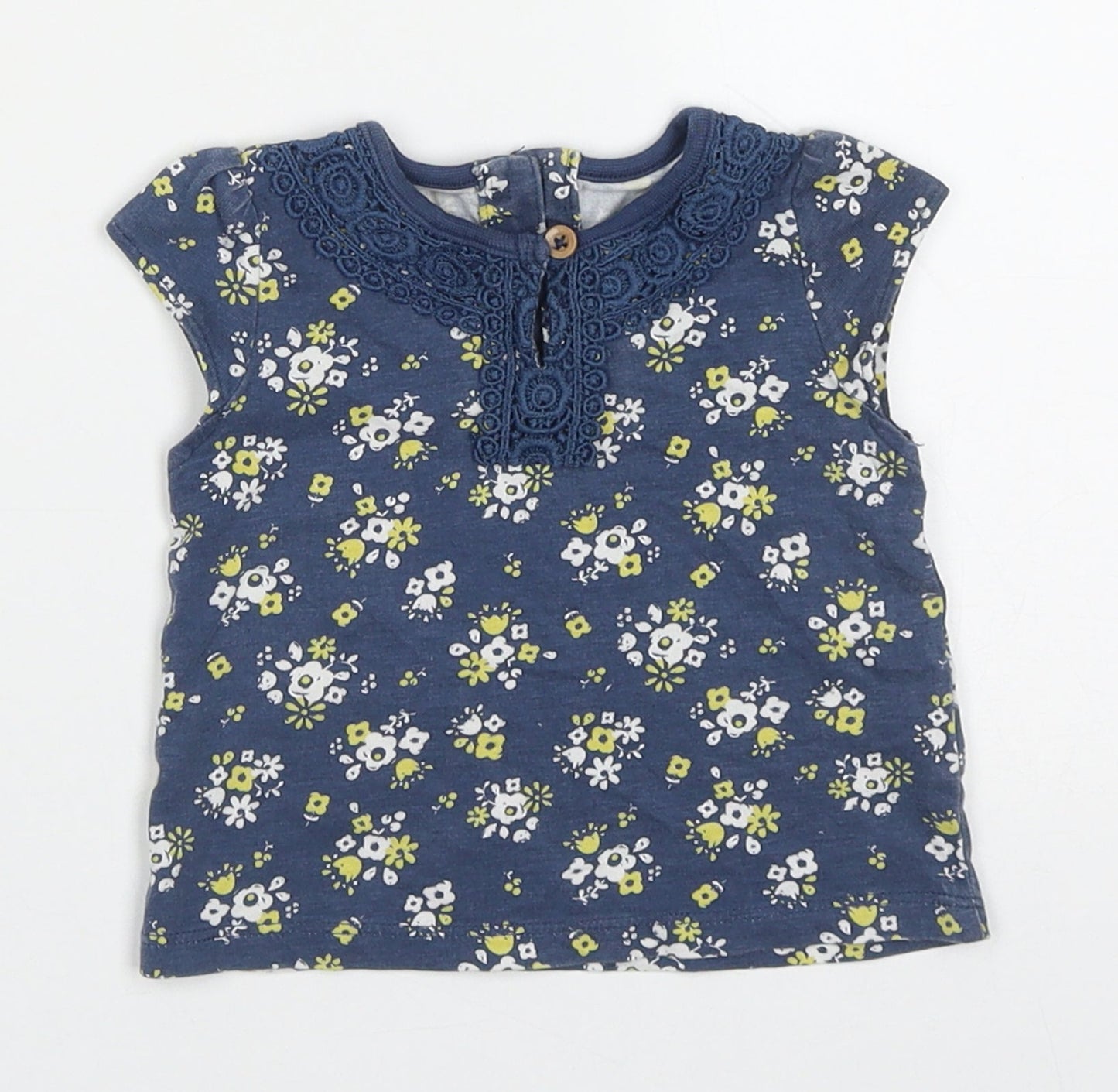 TU Girls Blue Floral Cotton Basic T-Shirt Size 0-3 Months Round Neck Button