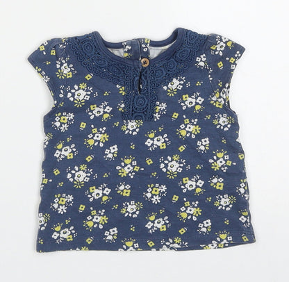 TU Girls Blue Floral Cotton Basic T-Shirt Size 0-3 Months Round Neck Button