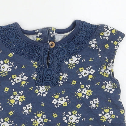 TU Girls Blue Floral Cotton Basic T-Shirt Size 0-3 Months Round Neck Button