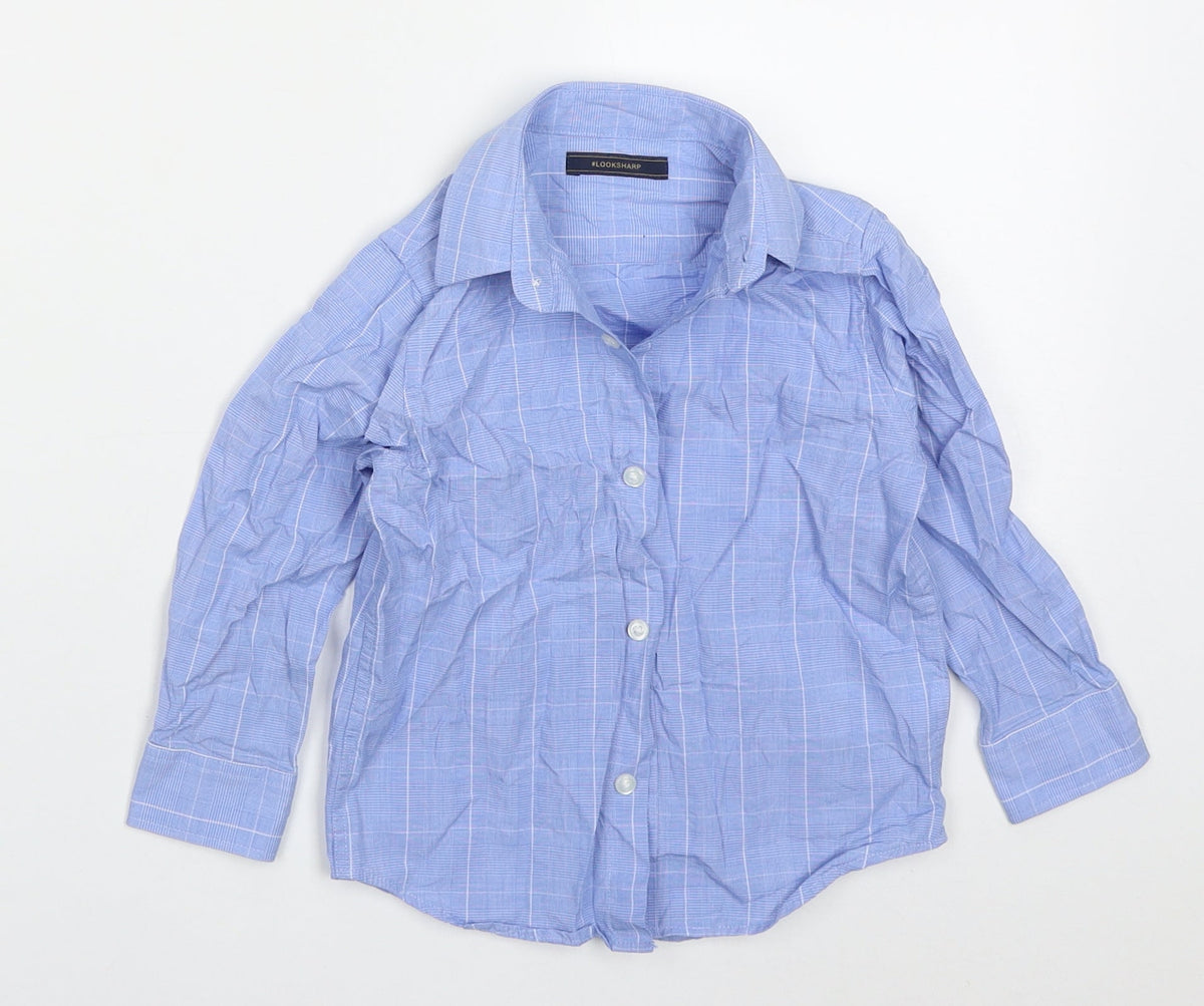 Additional front view of Next boys’ blue check cotton basic button-up, size 3, years collared button
