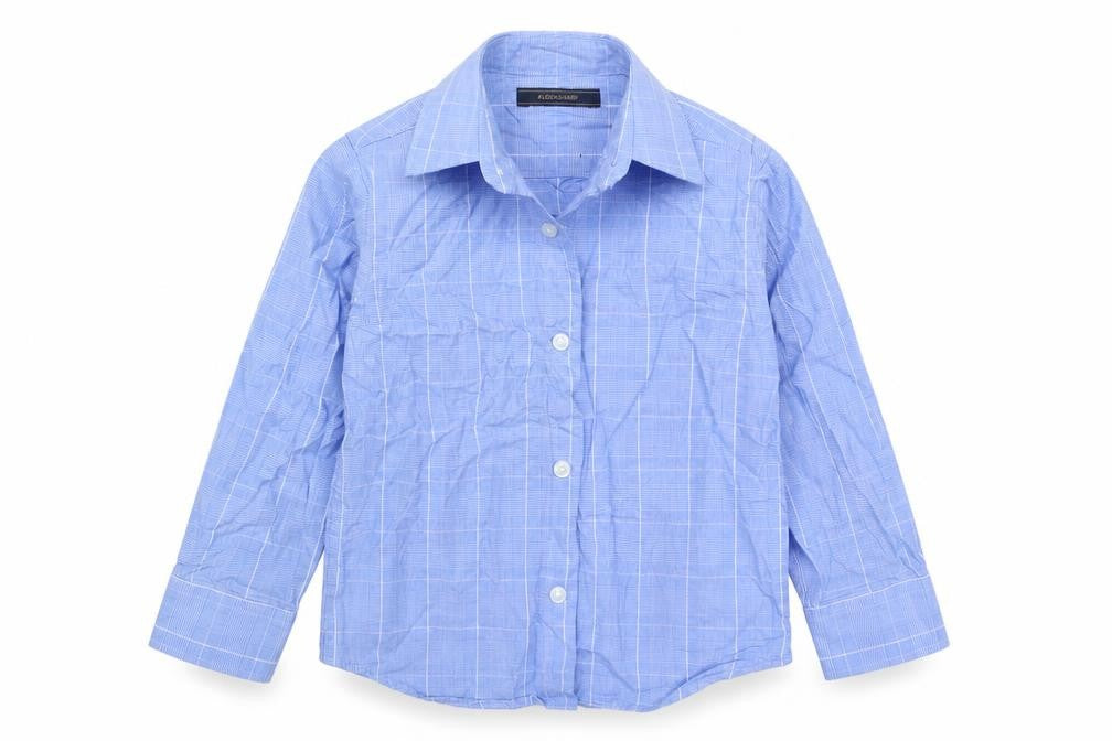 Front view of Next boys’ blue check cotton basic button-up, size 3, years collared button