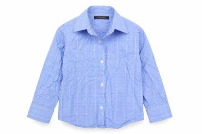 Front view of Next boys’ blue check cotton basic button-up, size 3, years collared button