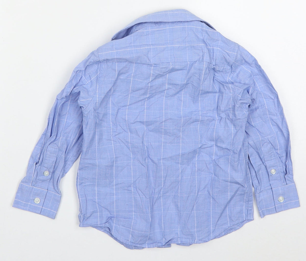 Back view of Next boys’ blue check cotton basic button-up, size 3, years collared button