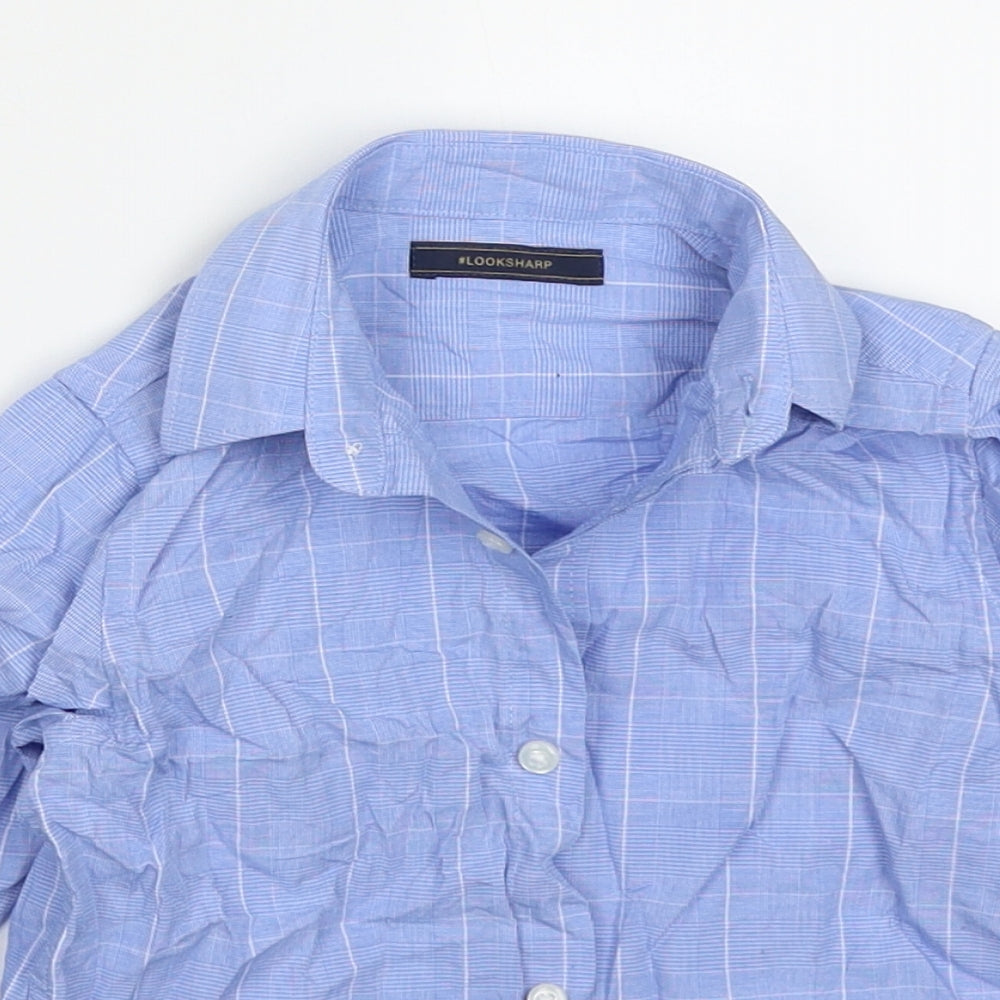 Close-up detail of Next boys’ blue check cotton basic button-up, size 3, years collared button