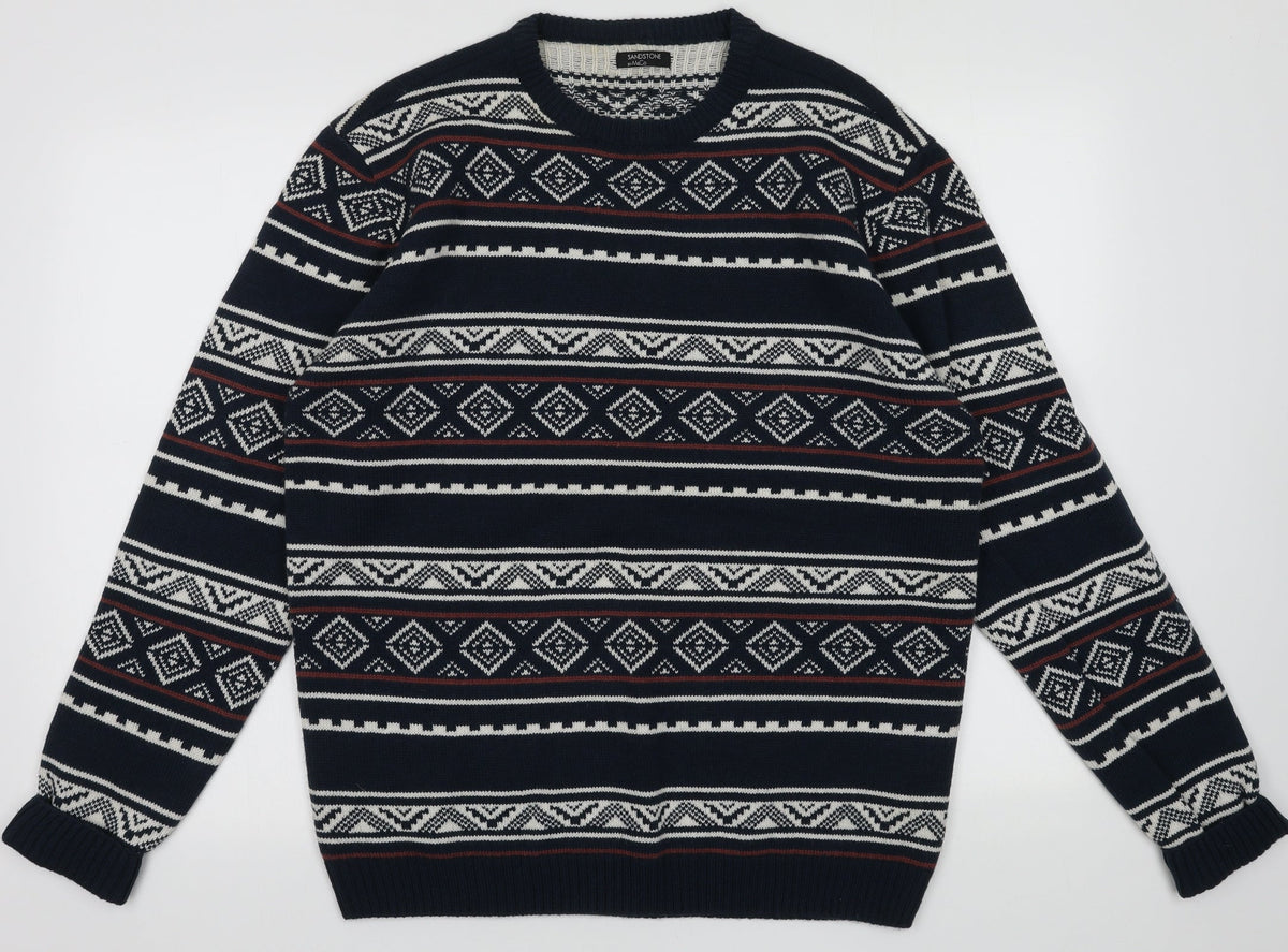 Front view of M&Co men’s blue geometric acrylic pullover sweatshirt, size M