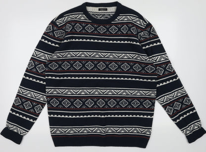 Front view of M&Co men’s blue geometric acrylic pullover sweatshirt, size M