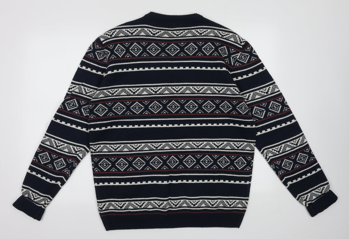 Back view of M&Co men’s blue geometric acrylic pullover sweatshirt, size M