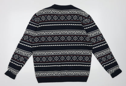 Back view of M&Co men’s blue geometric acrylic pullover sweatshirt, size M