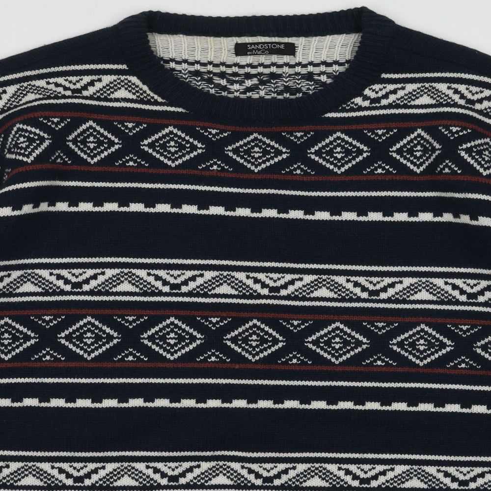 Close-up detail of M&Co men’s blue geometric acrylic pullover sweatshirt, size M
