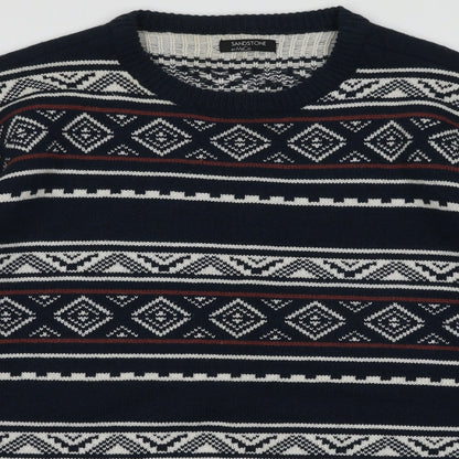 Close-up detail of M&Co men’s blue geometric acrylic pullover sweatshirt, size M