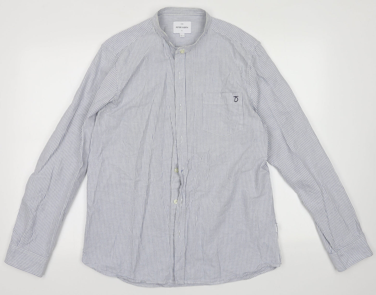 Peter Werth Mens Blue Striped Cotton  Button-Up Size L Crew Neck Button