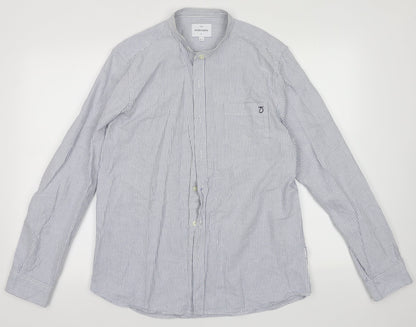 Peter Werth Mens Blue Striped Cotton  Button-Up Size L Crew Neck Button