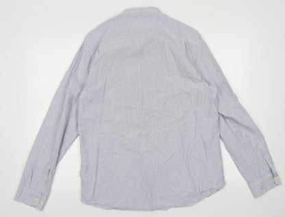 Peter Werth Mens Blue Striped Cotton  Button-Up Size L Crew Neck Button