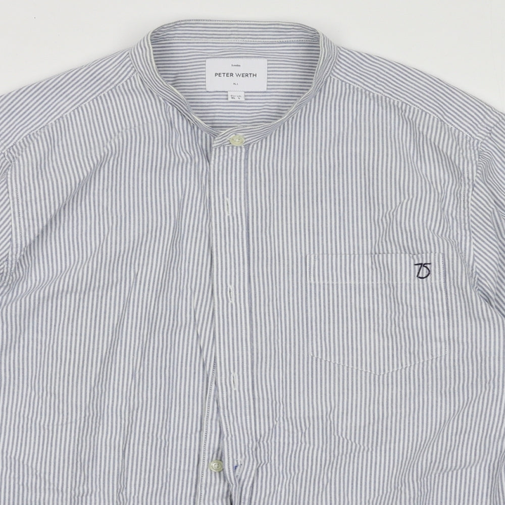 Peter Werth Mens Blue Striped Cotton  Button-Up Size L Crew Neck Button