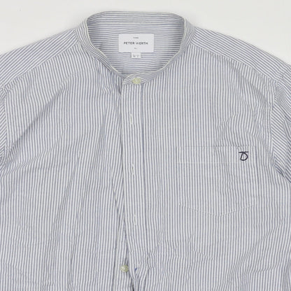 Peter Werth Mens Blue Striped Cotton  Button-Up Size L Crew Neck Button