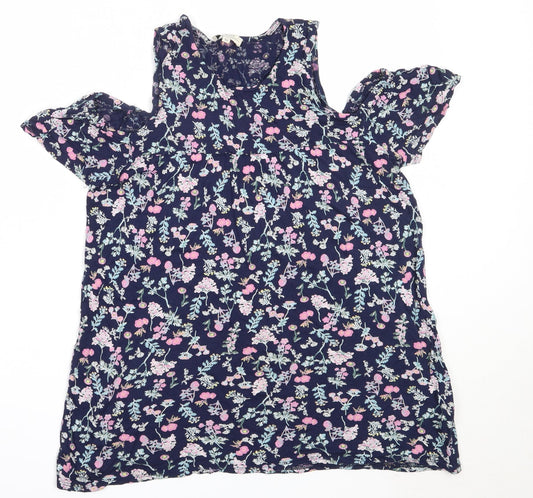Papaya Womens Blue Floral Viscose Basic T-Shirt Size 10 Round Neck