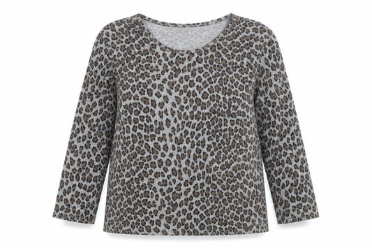 Front view of Autonomy women’s grey round neck animal print polyester jumper, size S