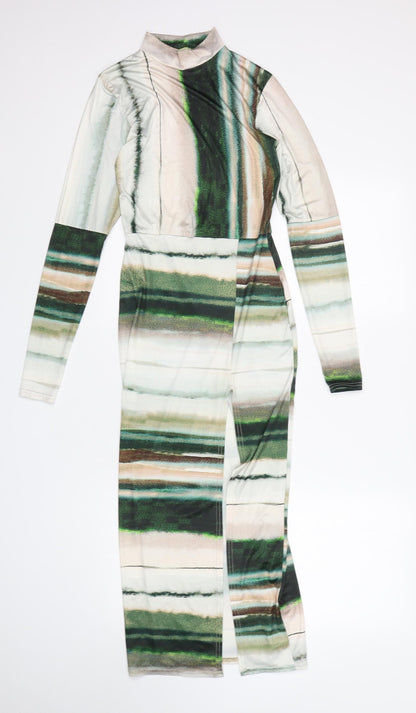 PRETTYLITTLETHING Womens Multicoloured Striped Polyester Pencil Dress  Size 8  Mock Neck