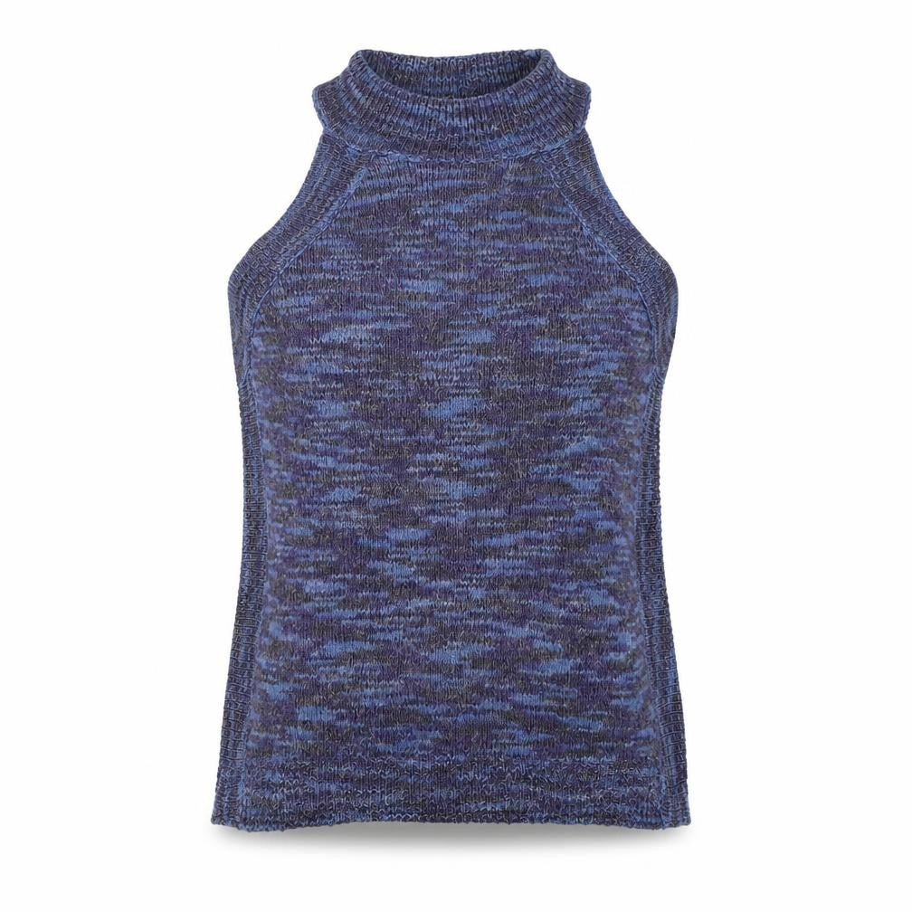 Front view of George women’s blue round neck acrylic vest jumper, size UK 14