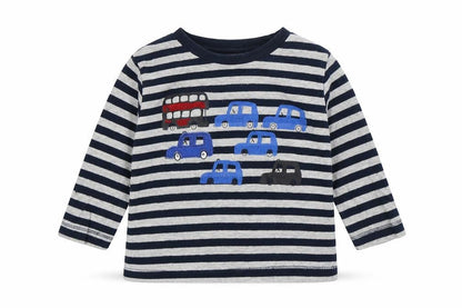 Front view of Next boys’ multicoloured striped cotton basic t-shirt, size 6-9, months round neck